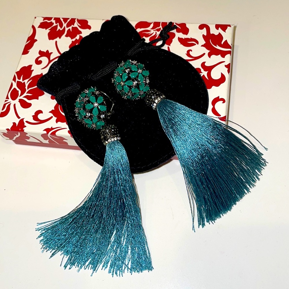 Crystal Turquoise Tassle Earrings Pierced or Clip ons! #1920’s #Tassle #NYE